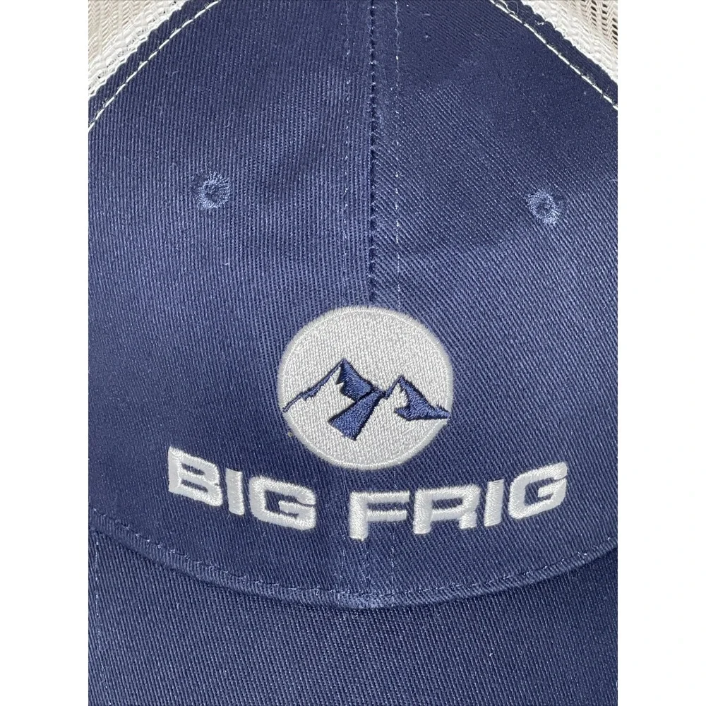 Big Frig Trucker Hat Navy Blue White Mesh Back Adjustable Snapback Mountain Logo